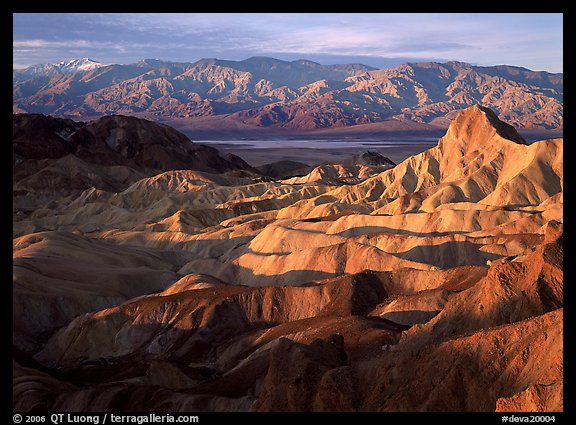 Badlands, Valley, and Telescope Peak from Zabriskie Point, winter sunrise. Death Valley National Park, California, USA.