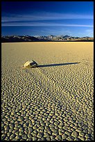 Tracks, sliding stone on the Racetrack playa, late afternoon. Death Valley National Park, California, USA. (color)