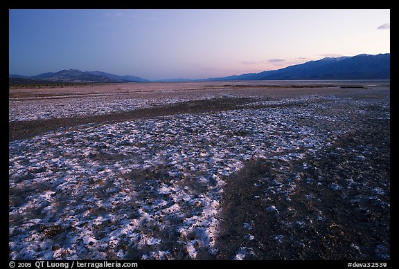 Salt formations on Valley floor, dusk. Death Valley National Park, California, USA.