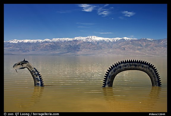 Loch Ness Monster art installation in Manly Lake and Panamint range. Death Valley National Park, California, USA.