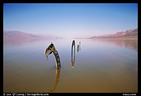 Loch Ness Monster art installation in rarissime seasonal lake. Death Valley National Park, California, USA.