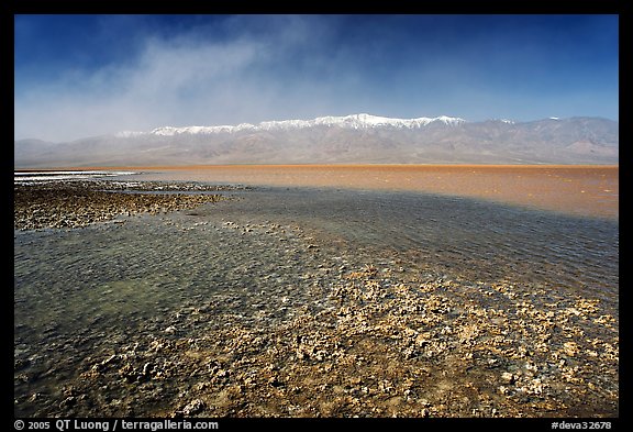 Salt formations on the shore of Manly Lake, morning. Death Valley National Park, California, USA.