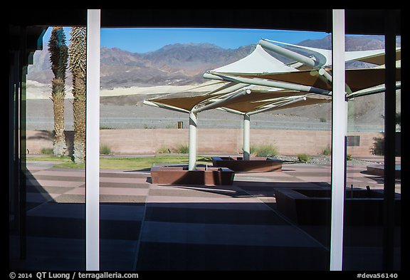 Amargosa Range, Furnace Creek Visitor Center window reflexion. Death Valley National Park (color)