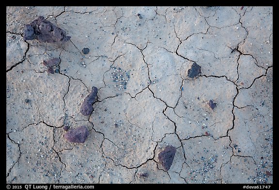 Close-up of volcanic stones and cracked mud, Panamint Valley. Death Valley National Park, California, USA.