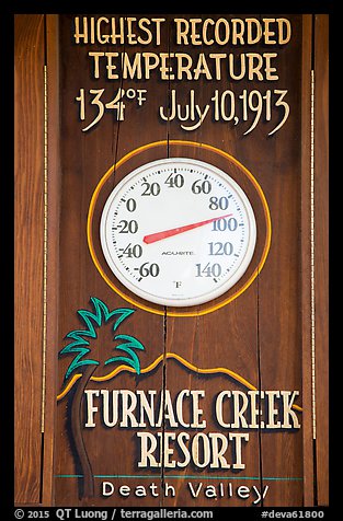Thermometer and highest recorded temperature. Death Valley National Park (color)
