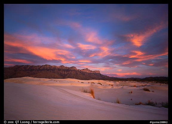 Gypsum sand dunes and Guadalupe range at sunset. Guadalupe Mountains National Park (color)