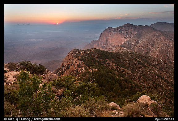 Bush Mountain and sunset, viewed from Guadalupe Peak. Guadalupe Mountains National Park (color)