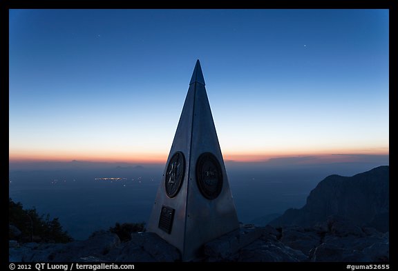 Summit monument at dusk. Guadalupe Mountains National Park, Texas, USA.