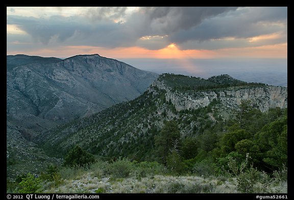 Hunter Peak and Guadalupe Peak shoulder, stormy sunrise. Guadalupe Mountains National Park, Texas, USA.