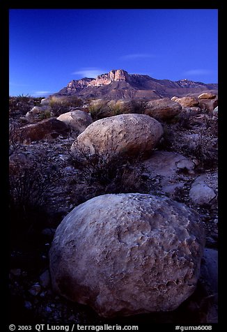 Limestone boulders and El Capitan from the South, dusk. Guadalupe Mountains National Park (color)