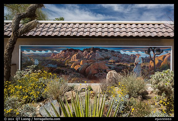 Desert plants and mural, Oasis Visitor Center. Joshua Tree National Park, California, USA.