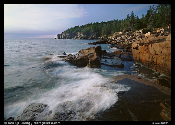 Surf and granite  coast near Otter Cliffs, morning. Acadia National Park, Maine, USA.