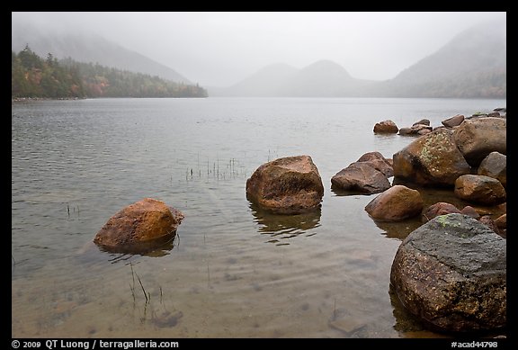Jordan Pond on misty morning. Acadia National Park, Maine, USA.