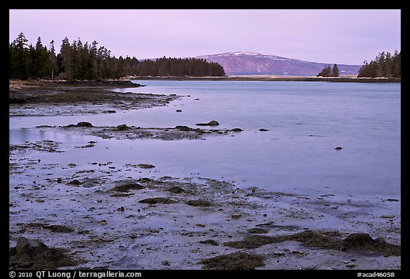 West Pond and snowy Cadillac Mountain, dawn, Schoodic Peninsula. Acadia National Park, Maine, USA.