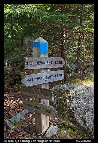 Signs at trail junction, Isle Au Haut. Acadia National Park, Maine, USA.