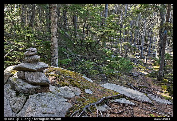 Cairn on trail, Isle Au Haut. Acadia National Park, Maine, USA.