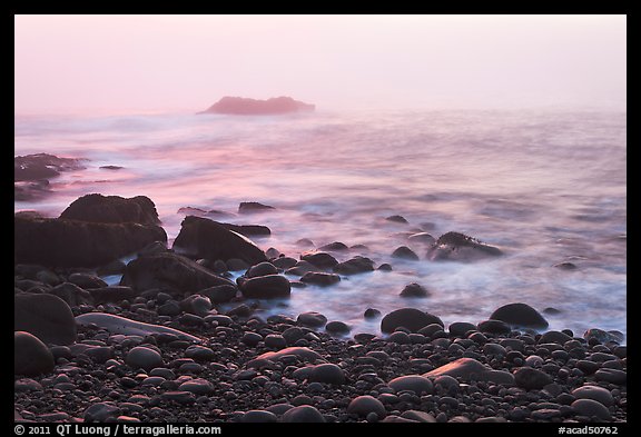 Boulders and ocean, foggy sunrise. Acadia National Park, Maine, USA.