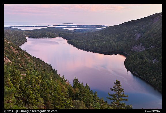 Jordan Pond from above, sunset. Acadia National Park, Maine, USA.
