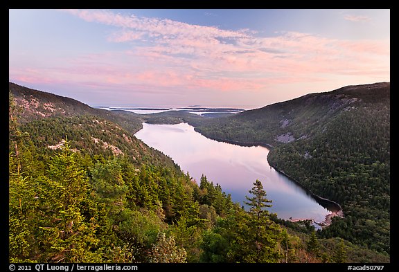 Hills, Jordan Pond, and sunset clouds. Acadia National Park, Maine, USA.