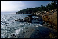 Pink granite slabs on the coast near Otter Point, morning. Acadia National Park, Maine, USA.