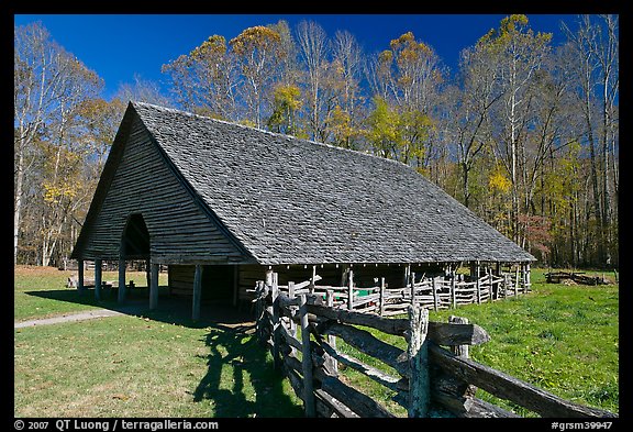 Cantilever barn and fence, Oconaluftee, North Carolina. Great Smoky Mountains National Park (color)