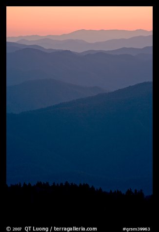 Mountain ridges seen seen from Clingman Dome and sunrise glow, North Carolina. Great Smoky Mountains National Park, USA.