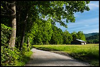 Road and barn, Big Cataloochee, North Carolina. Great Smoky Mountains National Park, USA.