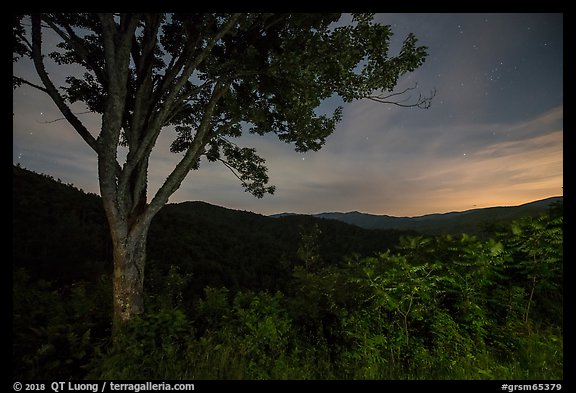 View from Cataloochee Overlook at night, North Carolina. Great Smoky Mountains National Park, USA.