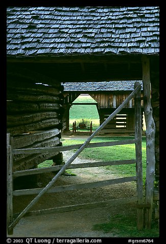 Barn seen through another barn, Cades Cove, Tennessee. Great Smoky Mountains National Park, USA.