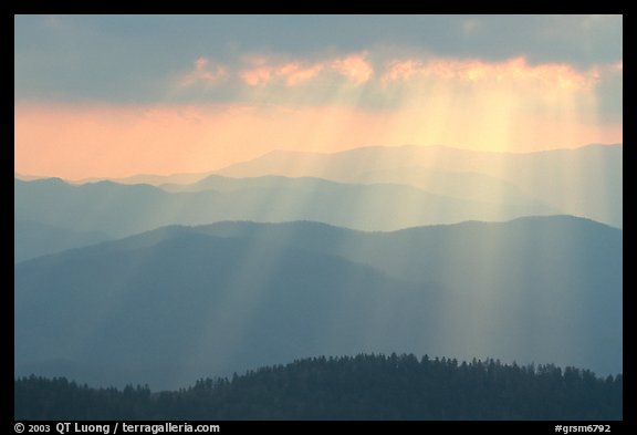 God's rays and ridges from Clingmans Dome, early morning, North Carolina. Great Smoky Mountains National Park (color)