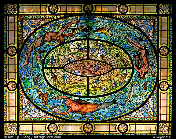 Stained glass on ceiling of men's room, Fordyce Bathhouse. Hot Springs National Park, Arkansas, USA.