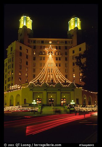 Arlington Hotel at night with Christmas lights. Hot Springs, Arkansas, USA (color)