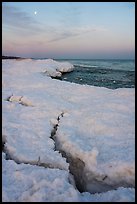 Cracks in shelf ice and moon at dawn, West Beach. Indiana Dunes National Park ( color)