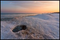 Hole in shelf ice, sunrise, West Beach. Indiana Dunes National Park ( color)