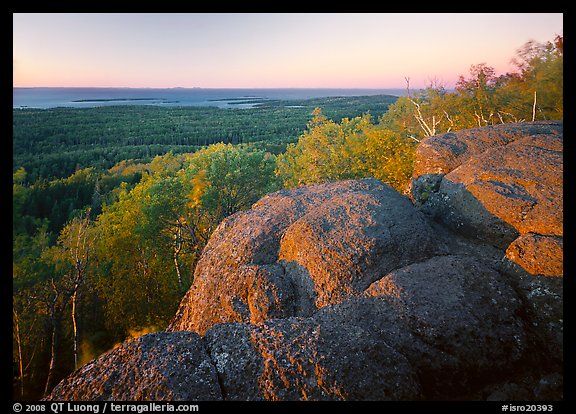 Mount Franklin granite outcrop and distant Lake Superior at sunset. Isle Royale National Park (color)