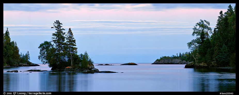 Tree-covered islet at dawn. Isle Royale National Park, Michigan, USA.