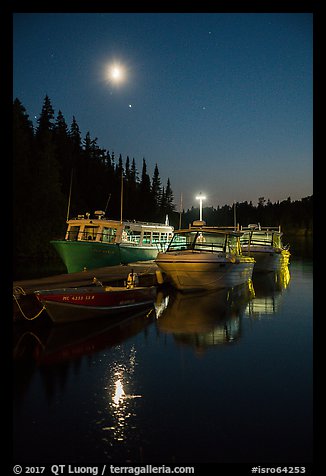 Rock Harbor marina with moon reflected. Isle Royale National Park, Michigan, USA.