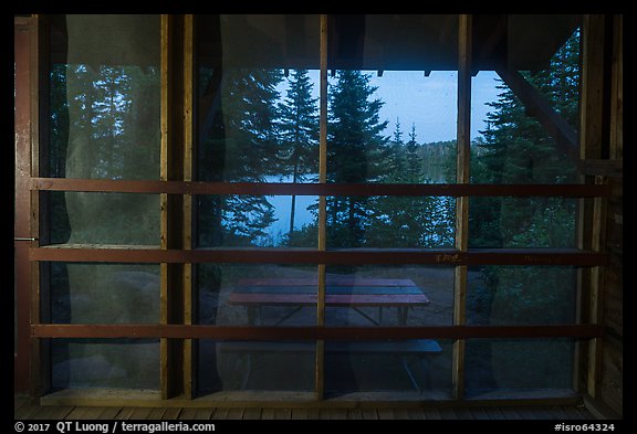 View from inside shelter at dusk, Moskey Basin. Isle Royale National Park, Michigan, USA.