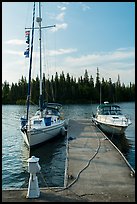 Sailboat and motorboat moored at Rock Harbor. Isle Royale National Park ( color)
