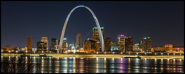St Louis skyline across Mississippi River at night. Gateway Arch National Park (Panoramic color)
