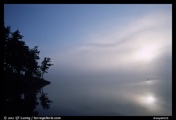Sunrise and fog, Woodenfrog, Kabetogama Lake. Voyageurs National Park, Minnesota, USA.