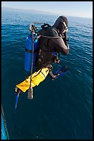 Scuba diver jumping from boat. Channel Islands National Park, California, USA. (color)