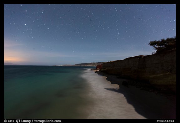 Bechers Bay under starry skies at night, Santa Rosa Island. Channel Islands National Park, California, USA.