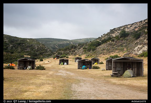 Tents pitched in wind shelters, Santa Rosa Island. Channel Islands National Park (color)
