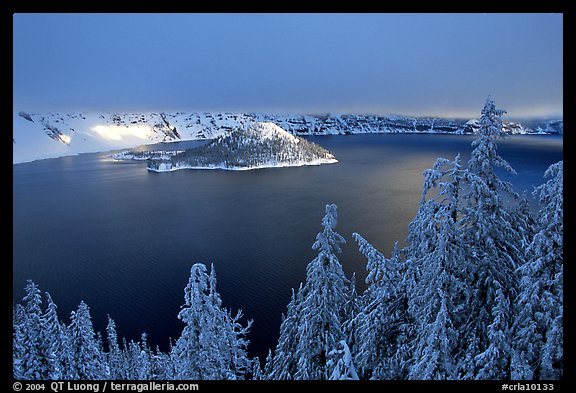 Trees, Lake and Wizard Island, winter sunrise. Crater Lake National Park (color)