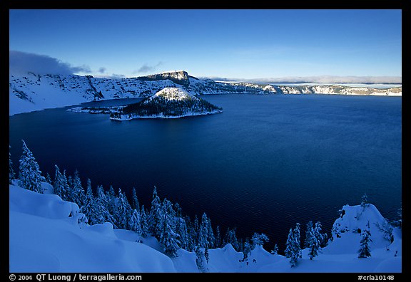 Wizard Island and lake in late afternoon shade, winter. Crater Lake National Park (color)
