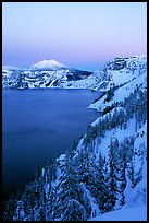 Lake, Mt Garfield, Mt Scott, winter dusk. Crater Lake National Park, Oregon, USA.