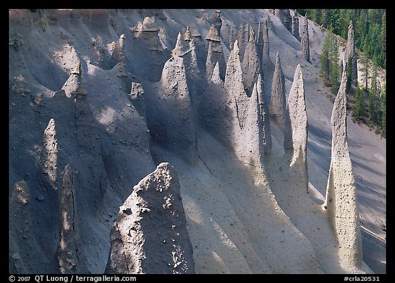 Vertical columns of volcanic origin. Crater Lake National Park, Oregon, USA.