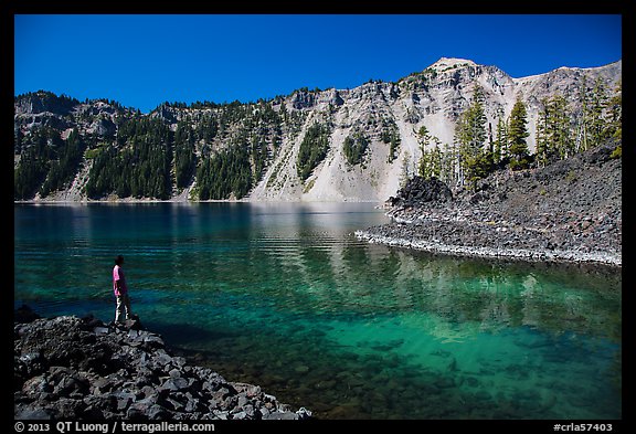 Visitor looking, Fumarole Bay, Wizard Island. Crater Lake National Park (color)