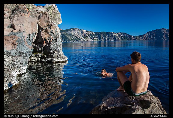 Men swimming in lake, Cleetwood Cove. Crater Lake National Park (color)